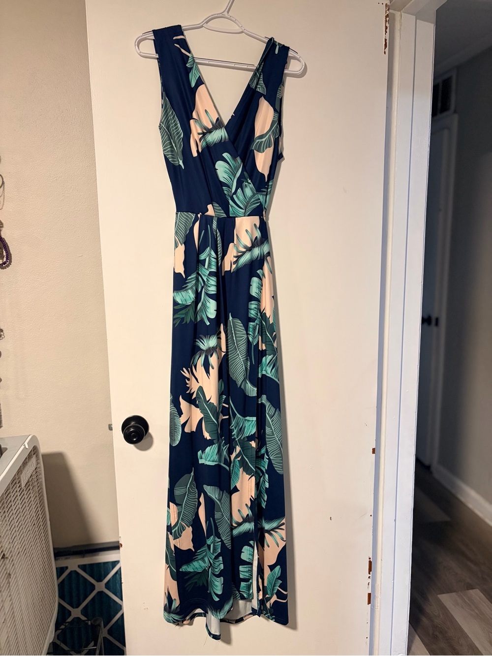 Navy Tropical Maxi Dress with Green Leaf Print